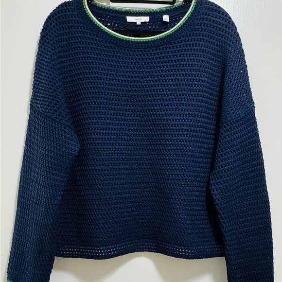 Vince Navy Blue Crew Neck Sweater with Green Trim - Picture 1 of 6